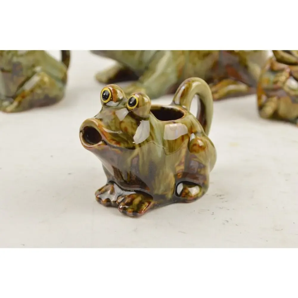 Frog Ceramic Tea Condiment Set x4 Lidded Bowl Sugar Creamer Green Glazed Pottery